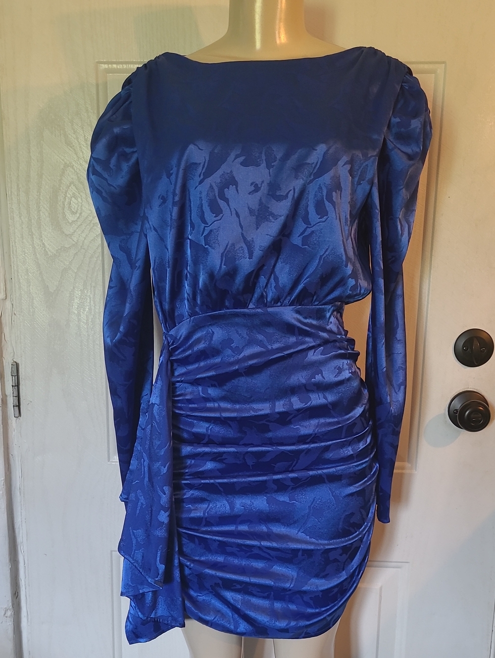 Satin Navy Blue Long-Sleeve Ruched Cocktail Dress